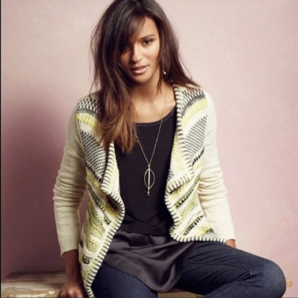 Anthropologie Moth Cream/Green/Gray Open Front Cardigan